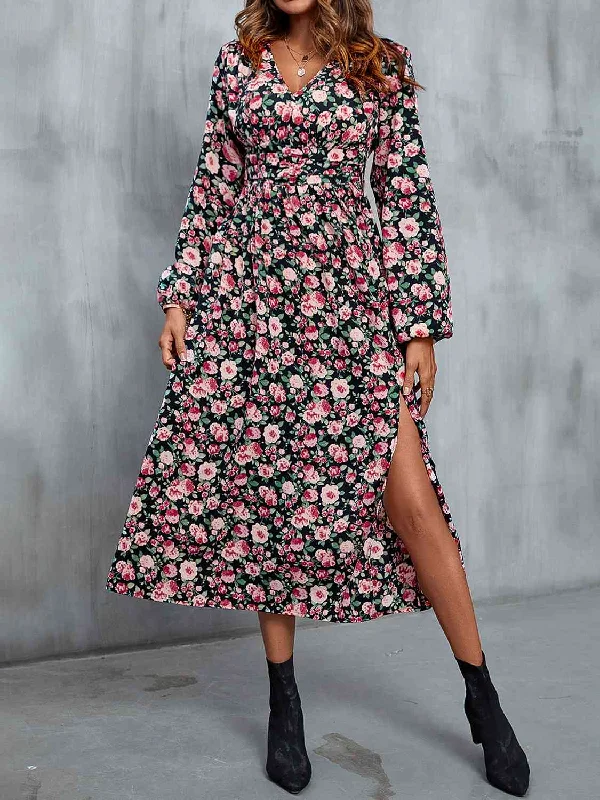 Floral V-Neck Slit Midi Dress Fashionable Casual Midi Dress