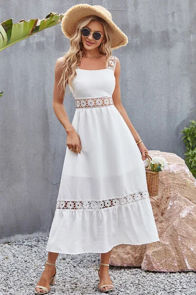 Flower Crochet Wide Strap Midi Dress Elegant Floral Skirt Midi Dress