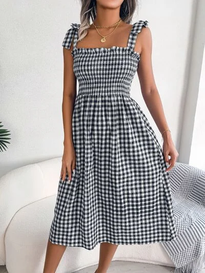 Frill Plaid Square Neck Midi Dress Trendy Smocked Detail Midi Dress