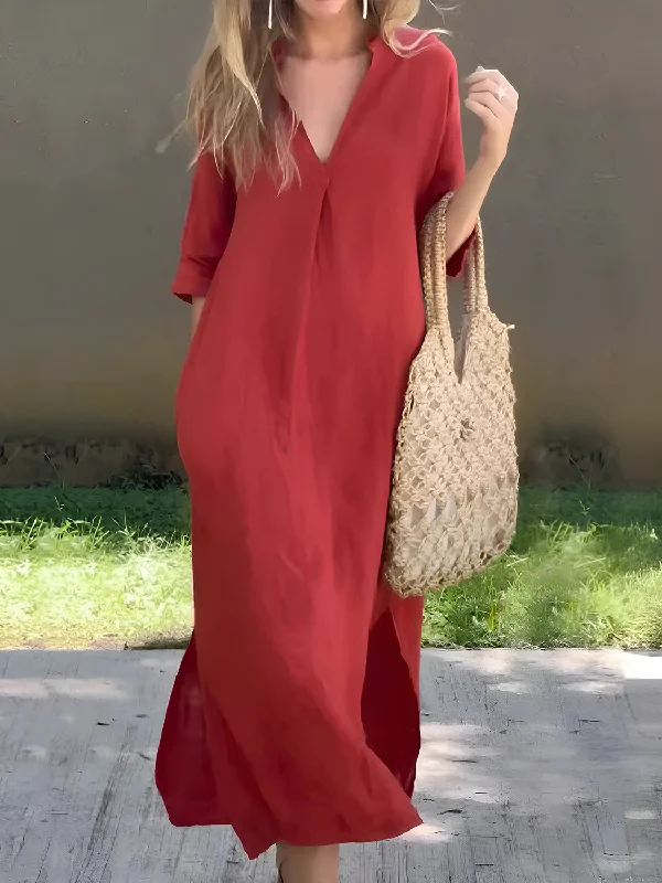 Full Size Notched Half Sleeve Midi Dress Stylish Color Block Midi Dress