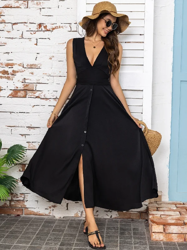 Full Size Slit V-Neck Sleeveless Midi Dress Stylish Tiered Midi Dress