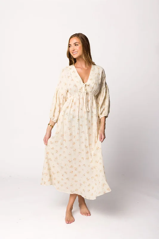 Hunter 100% Cotton Gauze Midi Dress in Taupe Floral - Bump Friendly Trendy Bodycon Midi Dress Hunter 100% Cotton Gauze Midi Dress in Taupe Floral - Bump Friendly Trendy Bodycon Midi Dress