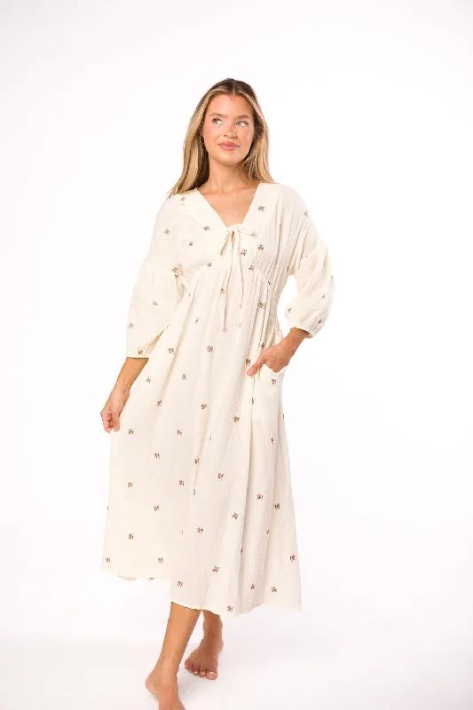 Hunter 100% Cotton Gauze Midi Dress in Soy/Pink Floral - Bump Friendly Fashionable Casual Midi Dress Hunter 100% Cotton Gauze Midi Dress in Soy/Pink Floral - Bump Friendly Fashionable Casual Midi Dress