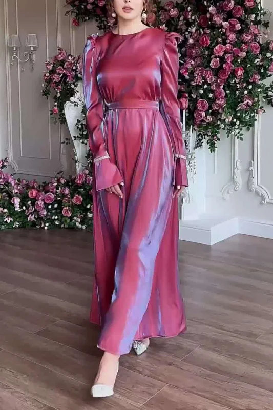 Glitter Glazed Satin Puff Sleeve Midi Dress Elegant Floral Skirt Midi Dress