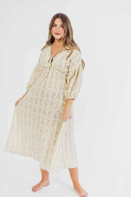 Hunter 100% Cotton Gauze Midi Dress in Natural/Tan Floral - Bump Friendly and Inclusive Sizing Cozy T-shirt Midi Dress Hunter 100% Cotton Gauze Midi Dress in Natural/Tan Floral - Bump Friendly and Inclusive Sizing Cozy T-shirt Midi Dress