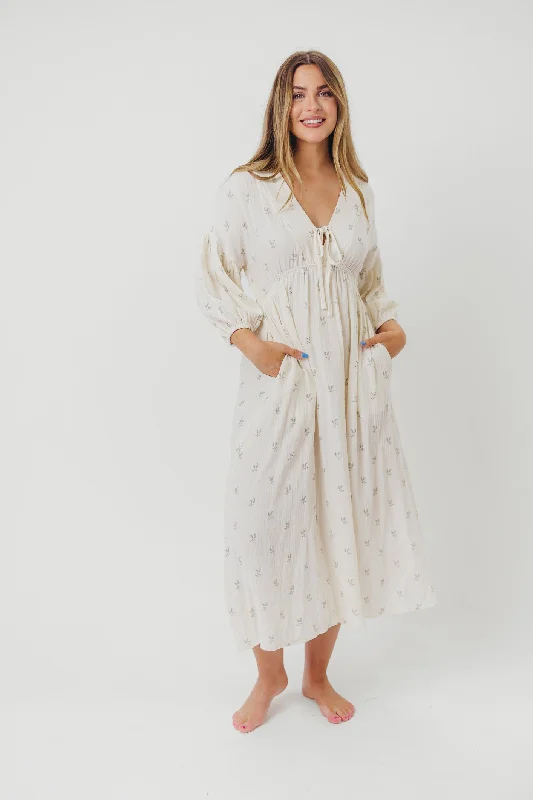 Hunter 100% Cotton Gauze Midi Dress in Soy/Sage Foliage - Bump Friendly and Inclusive Sizing Comfortable Empire Waist Midi Dress Hunter 100% Cotton Gauze Midi Dress in Soy/Sage Foliage - Bump Friendly and Inclusive Sizing Comfortable Empire Waist Midi Dress