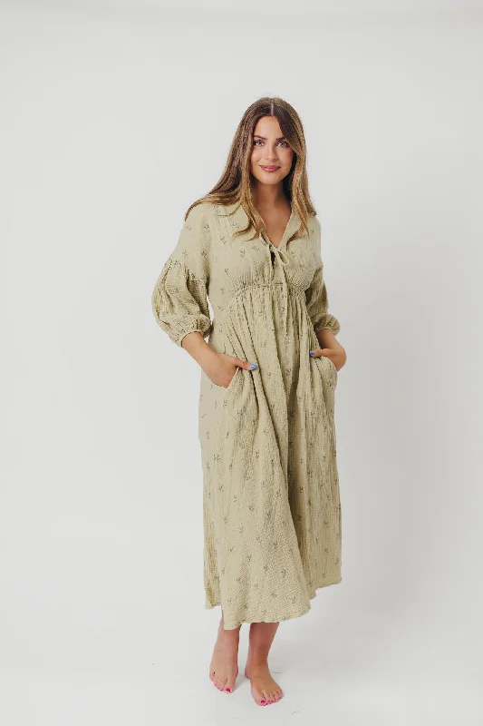 Hunter 100% Cotton Gauze Midi Dress in Thyme/Sage Foliage - Bump Friendly and Inclusive Sizing Stylish Striped Midi Dress Hunter 100% Cotton Gauze Midi Dress in Thyme/Sage Foliage - Bump Friendly and Inclusive Sizing Stylish Striped Midi Dress