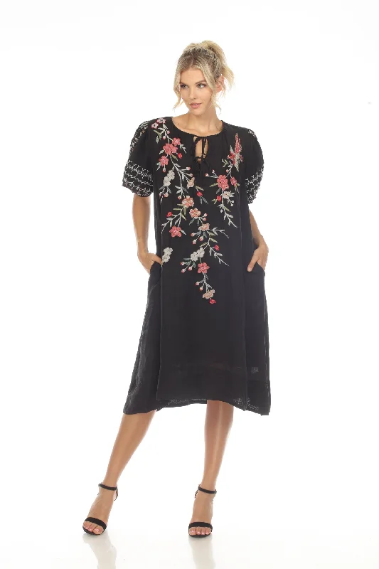 Johnny Was Workshop Cherri Tie Neck Embroidered Midi Dress Boho Chic W37023 Trendy Fit-and-Flare Midi Dress