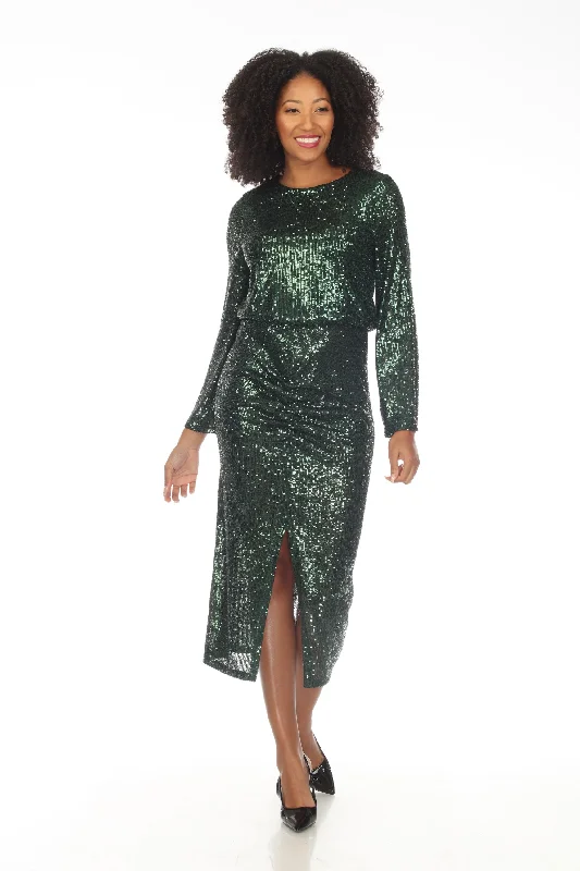 Joseph Ribkoff Dark Green Sequined Blouson Gathered Detail Midi Dress 234714 Fashionable Fitted Midi Dress Joseph Ribkoff Dark Green Sequined Blouson Gathered Detail Midi Dress 234714 Fashionable Fitted Midi Dress