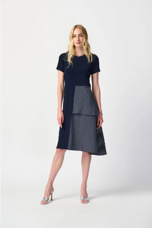 Joseph Ribkoff Midnight Blue/White Striped Mixed Fabric Asymmetric Midi Dress 241076 Trendy Mock Neck Midi Dress