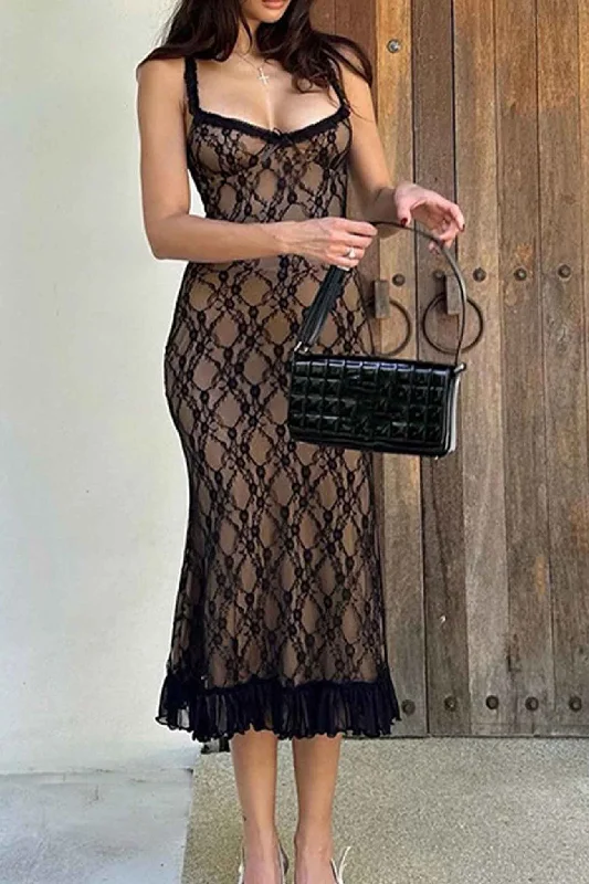 Lace Patchwork Cami Midi Dress Fashionable Plaid Midi Dress