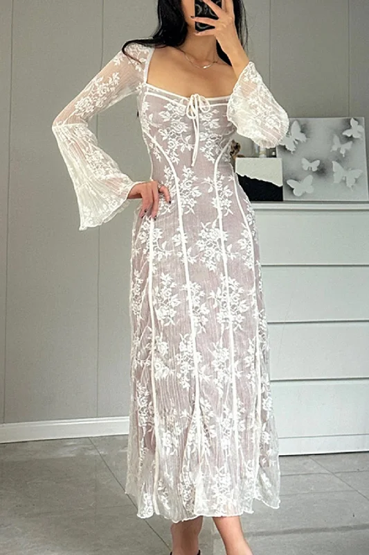 Lace Tie-up Flares Sleeve Midi Dress Trendy Ruched Side Midi Dress