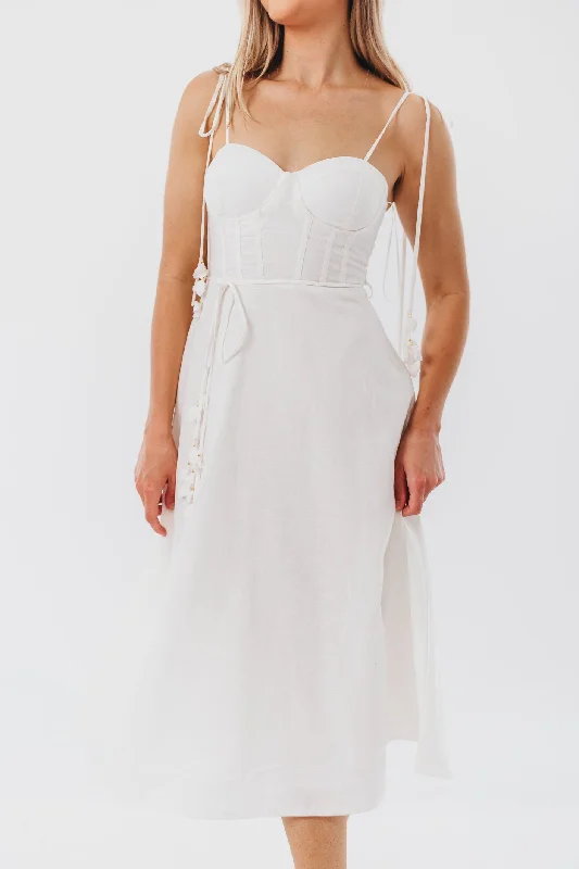 Norma Jean Bustier-Style Midi Dress in White Comfortable Geometric Print Midi Dress
