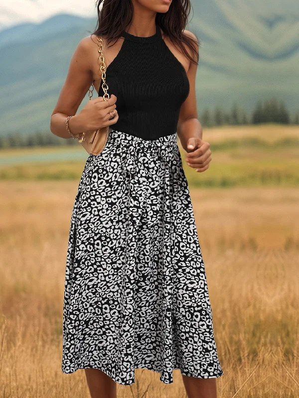 Leopard Halter Neck Midi Dress Trendy Flared Sleeve Midi Dress