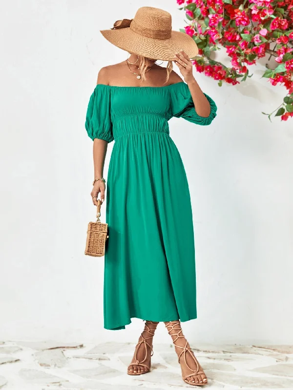 Off-Shoulder Balloon Casual Sleeve Midi Dress Chic Lace Detail Midi Dress