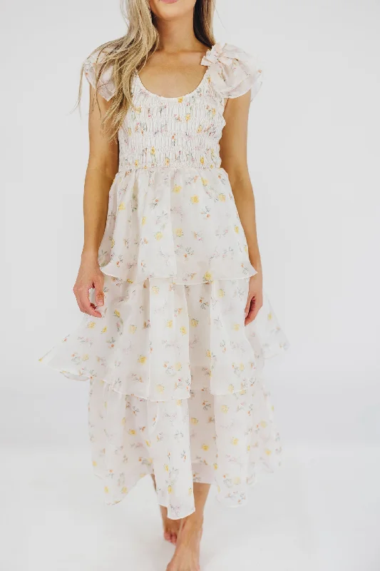 Forever & Always Midi Dress in Tiny Yellow Floral - Bump Friendly & Inclusive Sizing (S-3XL) Stylish Long Sleeve Floral Midi Dress