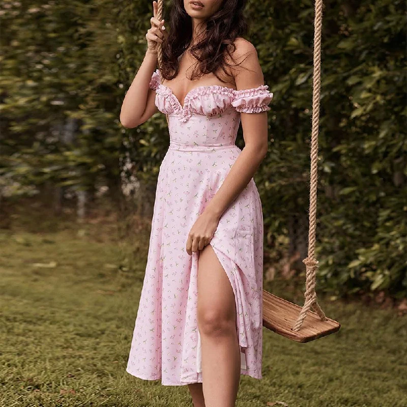 Pink Soft Girl Off Shoulder Midi Dress Trendy Knit Midi Dress