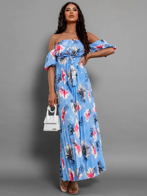 Pleated Floral Off-Shoulder Short Sleeve Midi Dress Trendy Long Sleeve Midi Dress