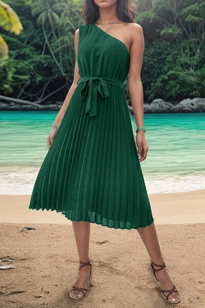 Pleated Single Shoulder Tie Waist Midi Dress Cozy A-Line Midi Dress