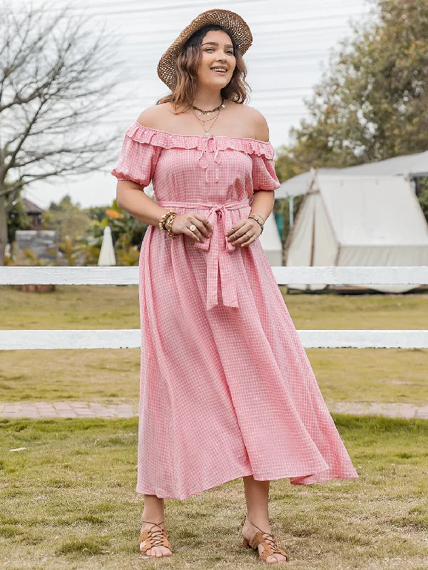 Plus Size Plaid Off-Shoulder Short Sleeve Midi Dress Chic Floral Print Midi Dress