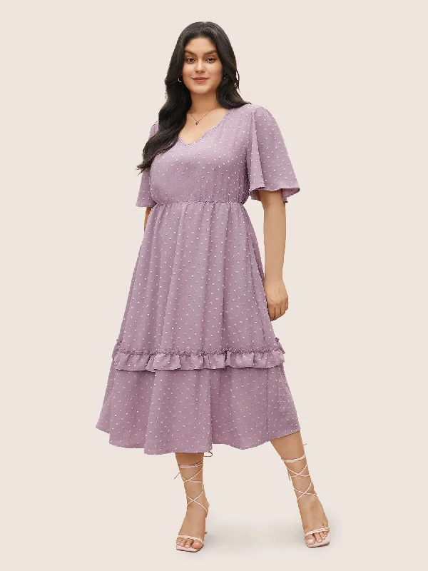 Polka Dot V Neck Pocket Ruffle Midi Dress Stylish Midi Dress with Cuffs