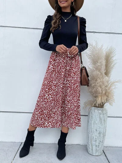 Printed Mock Neck Puff Sleeve Midi Dress Fashionable Chiffon Midi Dress