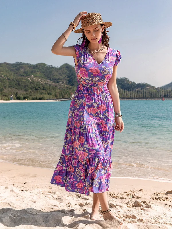 Printed V-Neck Midi Dress Elegant V-Neck Midi Dress