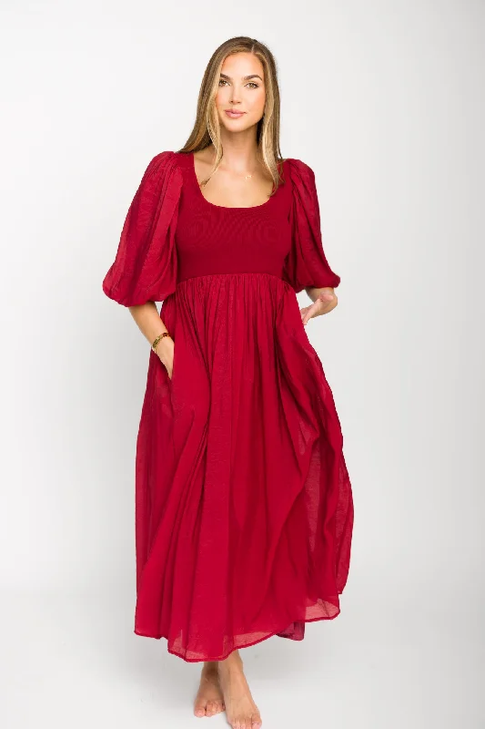 Raina Combination Midi Dress with Puff Sleeves in Burgundy - Bump Friendly Cozy Spaghetti Strap Midi Dress Raina Combination Midi Dress with Puff Sleeves in Burgundy - Bump Friendly Cozy Spaghetti Strap Midi Dress