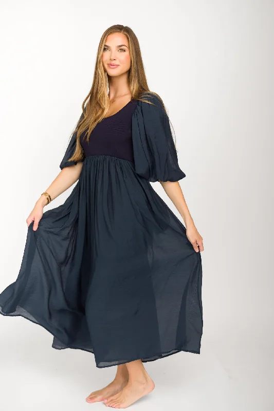 Raina Combination Midi Dress with Puff Sleeves in Navy - Bump Friendly Comfortable Wrap Midi Dress Raina Combination Midi Dress with Puff Sleeves in Navy - Bump Friendly Comfortable Wrap Midi Dress