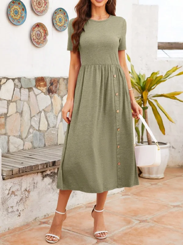 Round Neck Short Sleeve Midi Dress Fashionable Plaid Midi Dress
