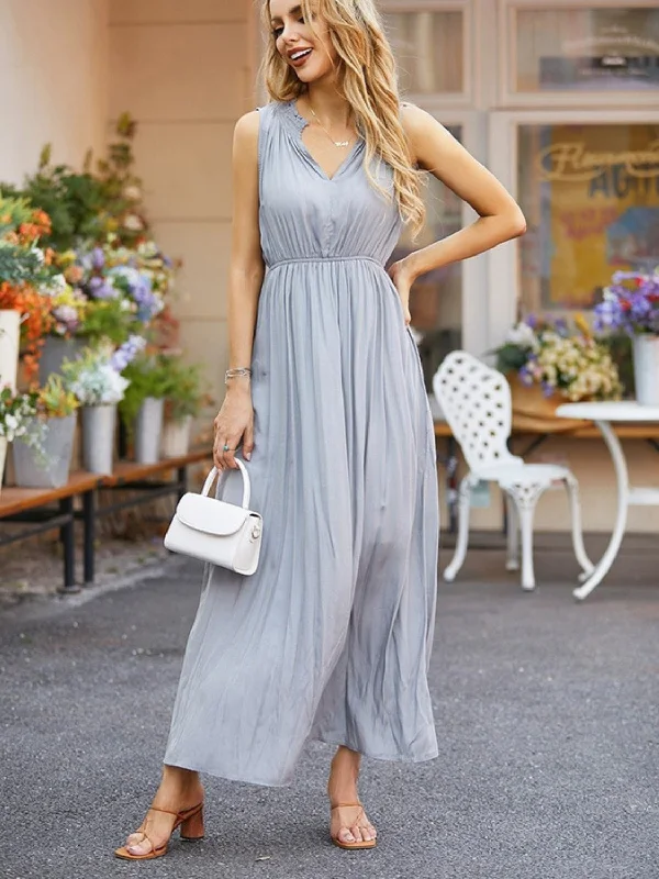 Ruched Notched Sleeveless Midi Dress Fashionable Fitted Midi Dress
