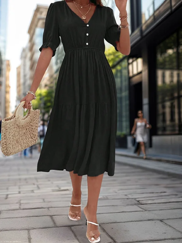 Ruched V-Neck Half Sleeve Midi Dress Stylish Silk Midi Dress