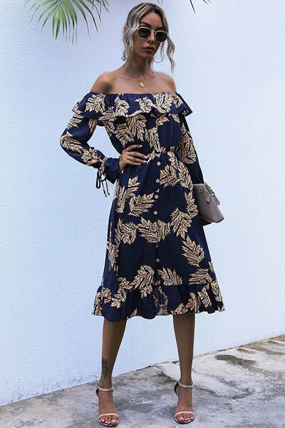 Ruffled Printed Off-Shoulder Midi Dress Fashionable Pencil Midi Dress