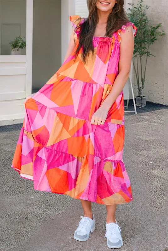 Ruffled Printed Sleeveless Midi Dress Trendy Bodycon Midi Dress