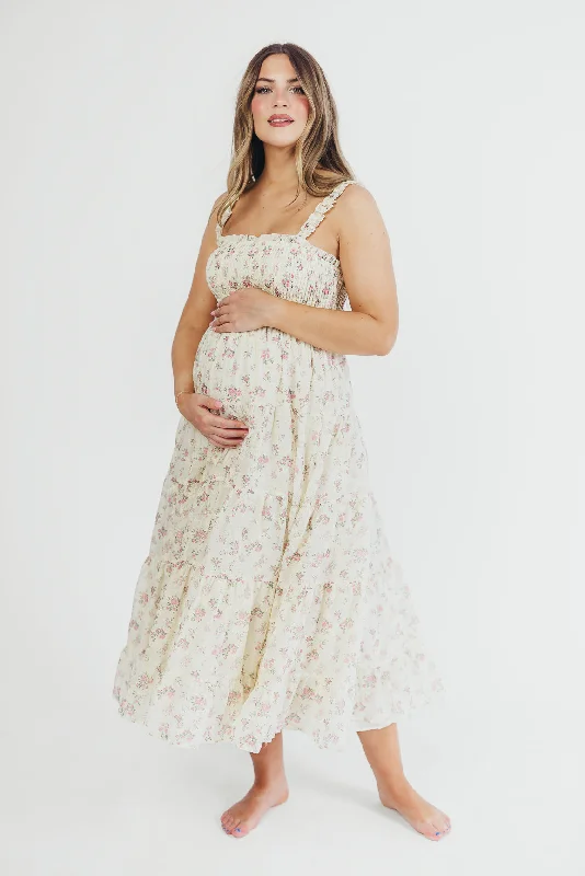 Ryan Ruffle Midi Dress with Embroidered Detail in Cream/Pink Floral Trendy Fit-and-Flare Midi Dress Ryan Ruffle Midi Dress with Embroidered Detail in Cream/Pink Floral Trendy Fit-and-Flare Midi Dress