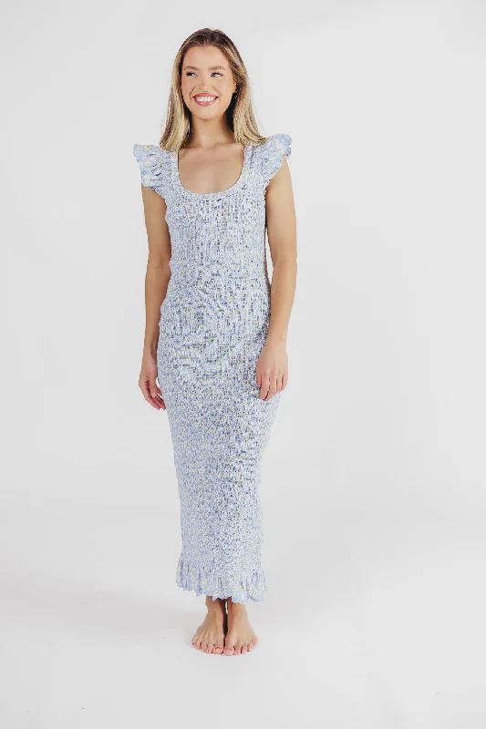 Sarah Smocked Midi Dress with Ruffled Eyelet Trim in Light Blue Fashionable Polka Dot Midi Dress Sarah Smocked Midi Dress with Ruffled Eyelet Trim in Light Blue Fashionable Polka Dot Midi Dress