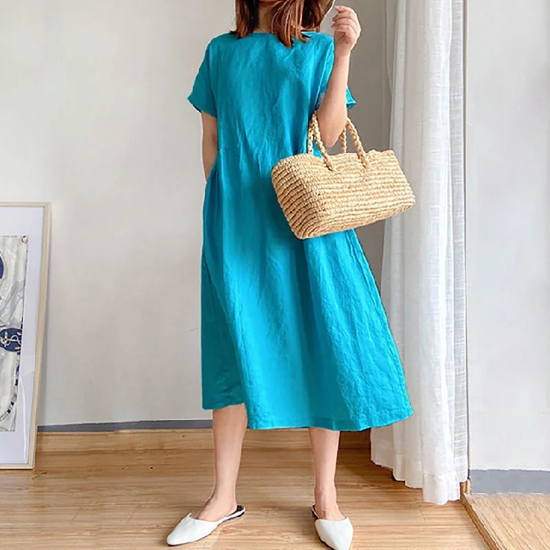 Short Sleeve Casual Loose Midi Dress Stylish Cold Shoulder Midi Dress
