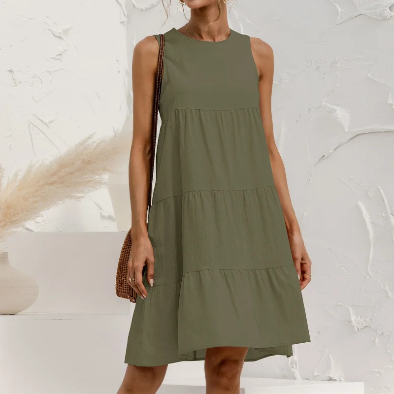 Sleeveless Crew Neck A-Line Midi Dress Trendy Flared Sleeve Midi Dress