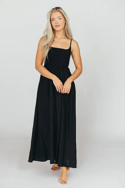 Josefina Smocked Midi Dress in Black - Bump Friendly Elegant Pleated Detail Midi Dress Josefina Smocked Midi Dress in Black - Bump Friendly Elegant Pleated Detail Midi Dress