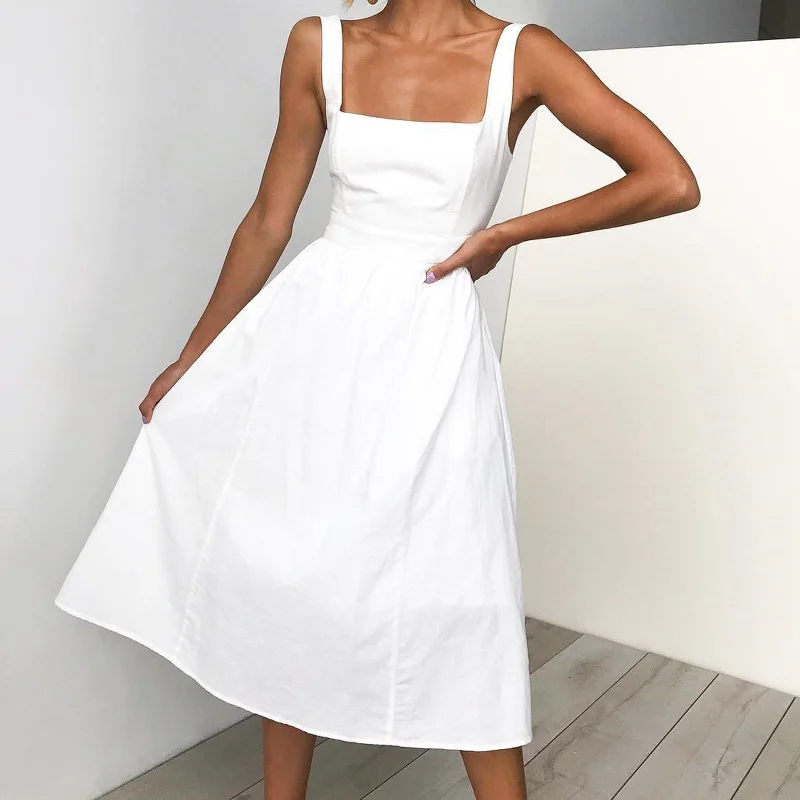 Spaghetti Strap Solid Color Sling Midi Dress Fashionable A-Line Midi Dress