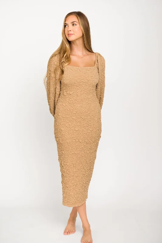 Darcy Square Neck Midi Dress in Taupe Fashionable High-Neck Midi Dress
