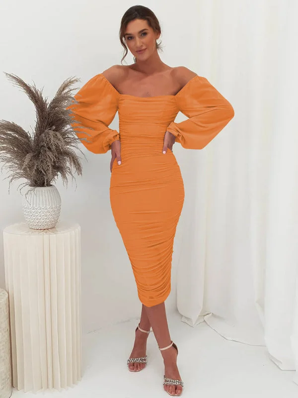 Square neck pleated lantern sleeve slit light Midi dress Fashionable Pleated Midi Dress Square neck pleated lantern sleeve slit light Midi dress Fashionable Pleated Midi Dress