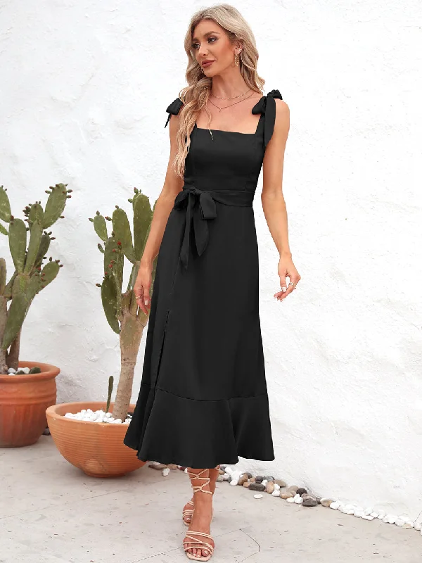 Square Neck Tie Strap Midi Dress Fashionable Pleated Midi Dress