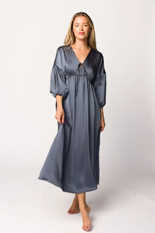 Hunter Premium *Satin* Midi Dress in Blue Granite - Bump Friendly Trendy Off-Shoulder Button Midi Dress Hunter Premium *Satin* Midi Dress in Blue Granite - Bump Friendly Trendy Off-Shoulder Button Midi Dress