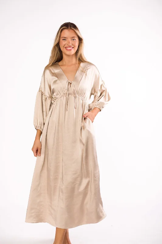Hunter Premium *Satin* Midi Dress in Champagne - Bump Friendly Cozy Ribbed Knit Midi Dress