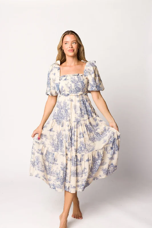 Elena 100% Cotton Toile Print Smocked Midi Dress in Blue - Bump Friendly -Restocking in November Trendy Ruched Side Midi Dress