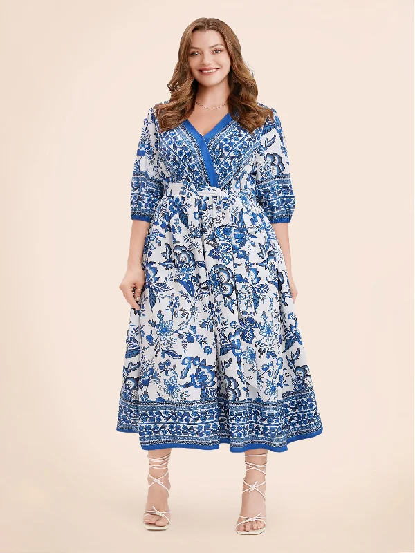 Bandana Print Surplice Neck Lantern Sleeve Pocket Belted Midi Dress Comfortable Short Sleeve Midi Dress
