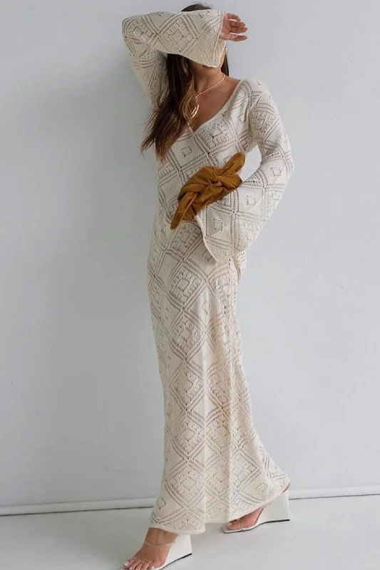 V Neck Crochet Checkered Hollow Out Midi Dress Stylish Tiered Midi Dress