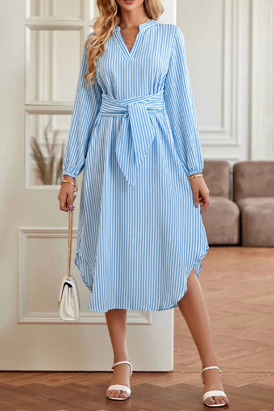 V Neck Striped Tie Waist Long Sleeve Midi Dress Elegant Floral Appliqué Midi Dress