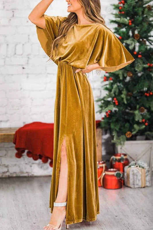 Velvet Crew Neck High Slit Midi Dress Trendy Shift Midi Dress